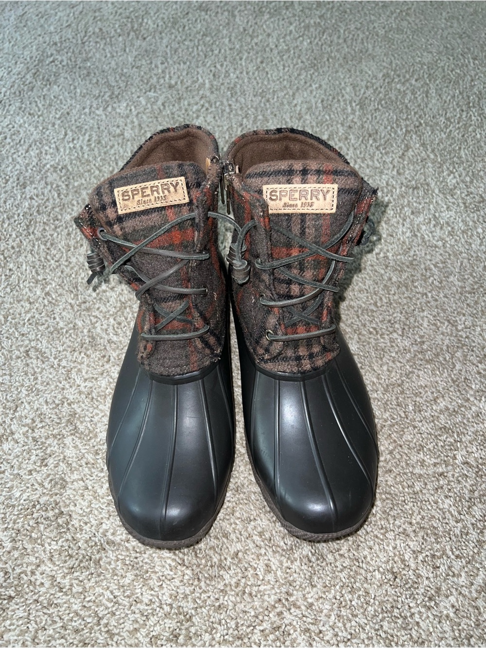 Sperry Womens Plaid Duck Boots With Brown Rubber and Brown/Black/Red/Green Print